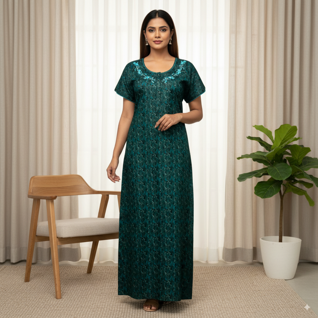 Dark Green Floral Printed Cotton Nighty with Teal Embroidery