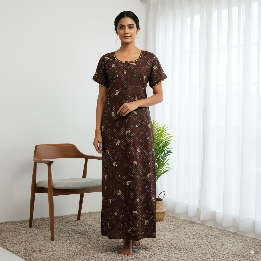 Women’s Brown Floral Printed Cotton Nighty