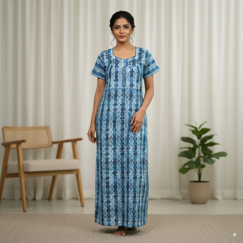 Premium Cotton Blue Tie-Dye Printed Nighty