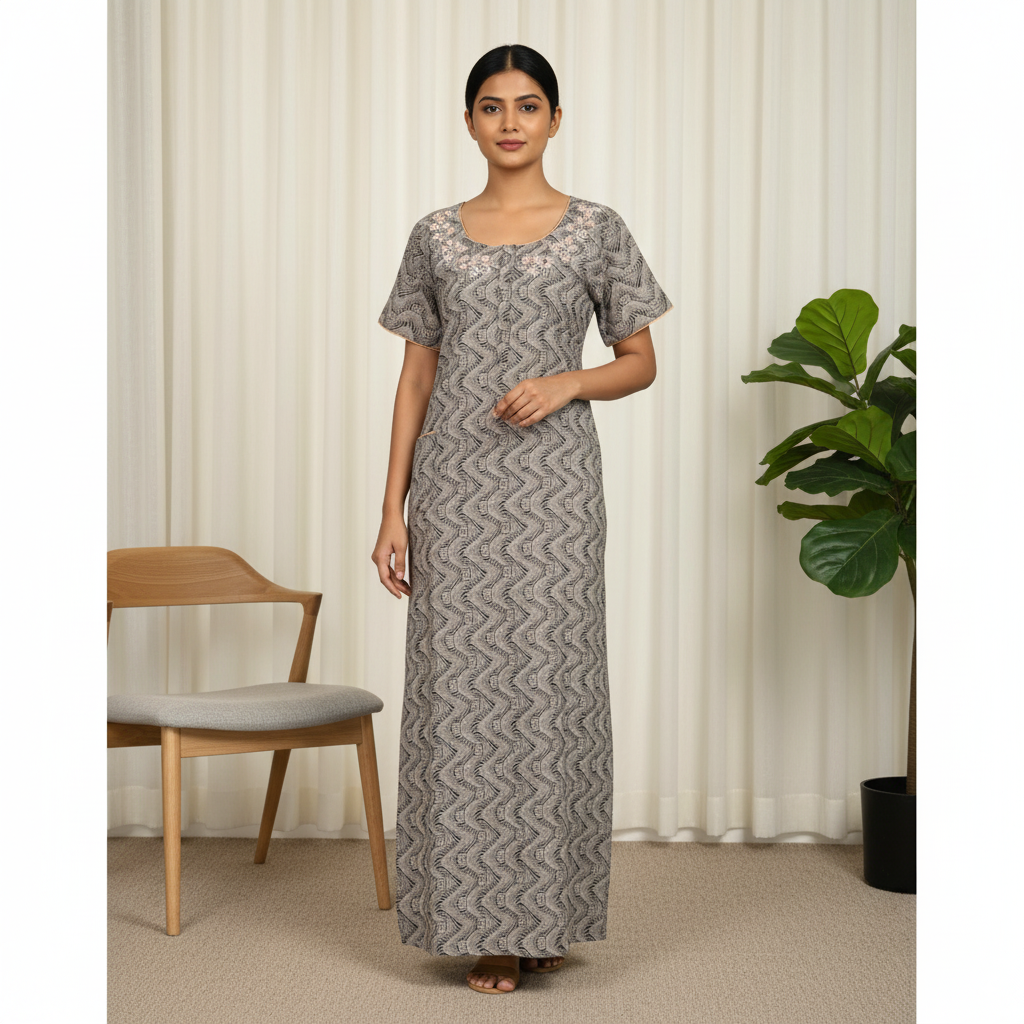Premium Cotton Printed Nighty – Beige Zigzag Elegance
