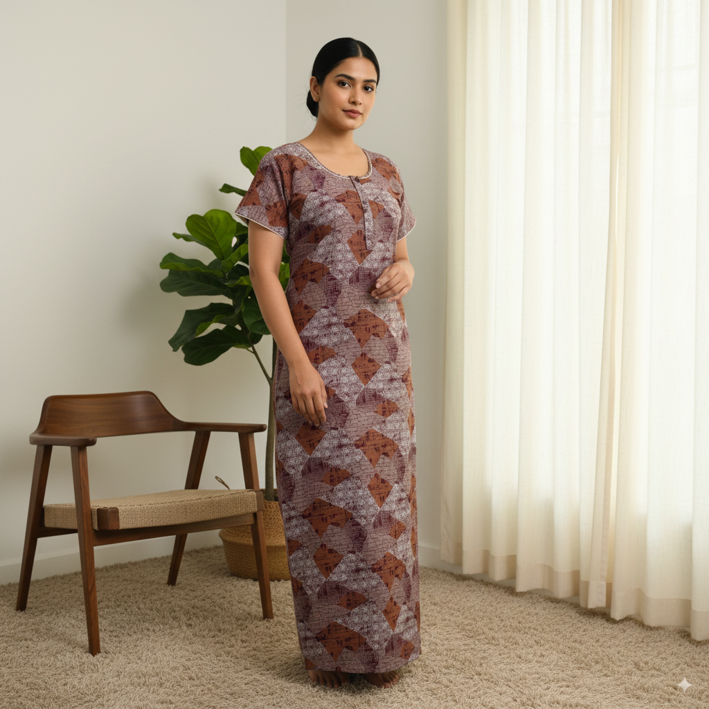 Rust & Maroon Diamond Pattern Cotton Nighty