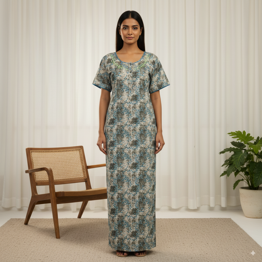 Beige & Teal Abstract Printed Cotton Nighty with Green Embroidery