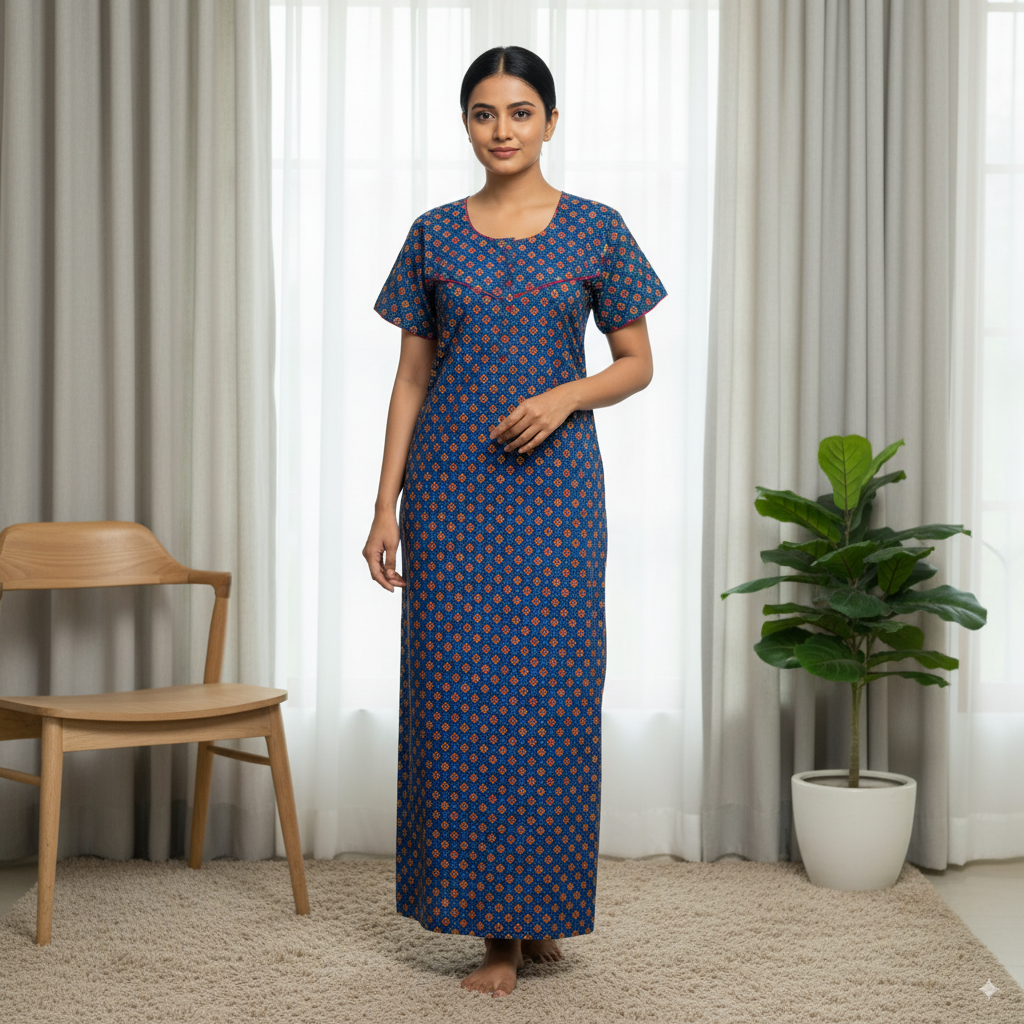 Premium Cotton Nighty – Navy Blue Geometric Print
