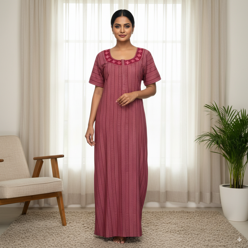 Women’s Striped Cotton Nighty – Pink with Embroidered Neckline