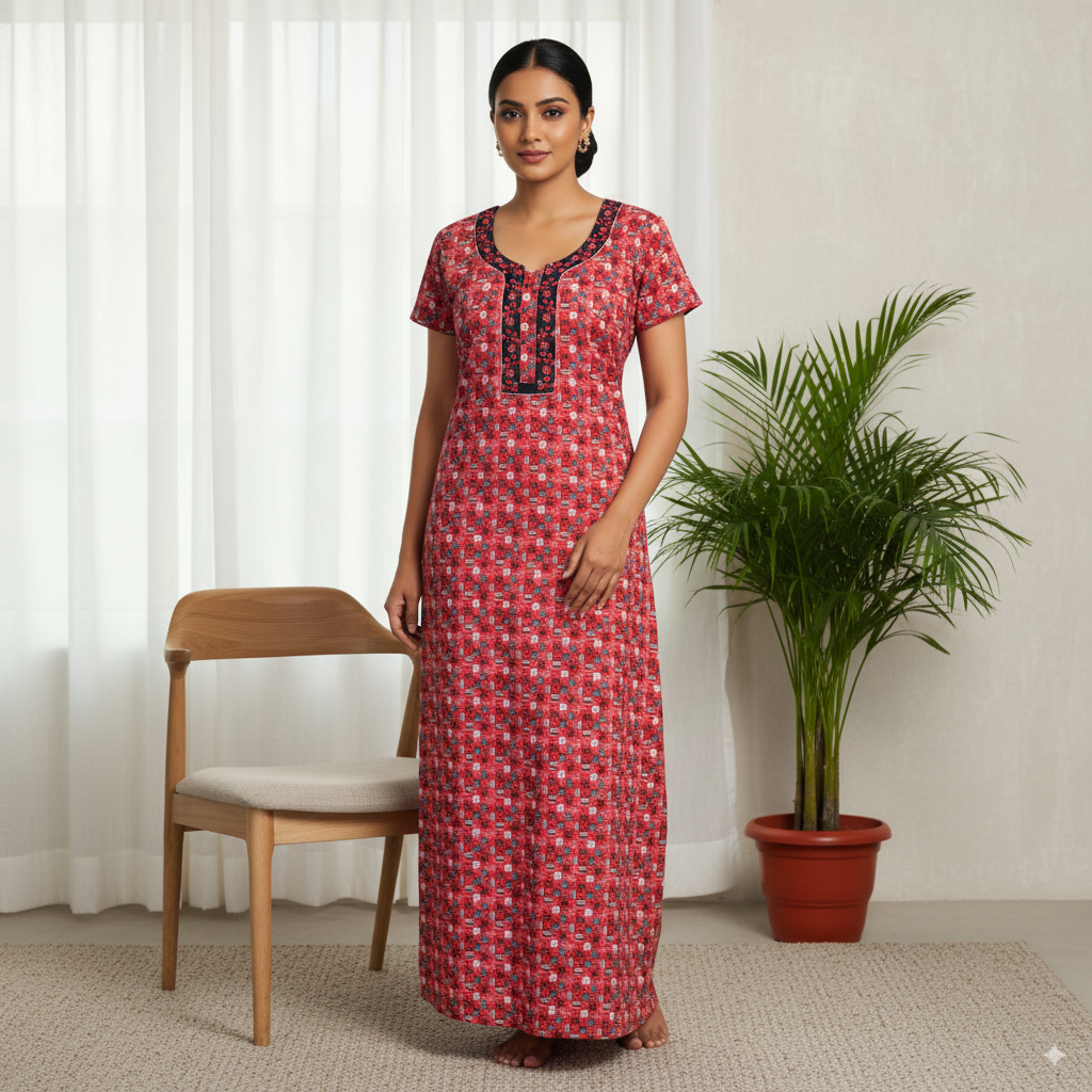 Red Printed Cotton Nighty with Contrast Black Embroidered Neck