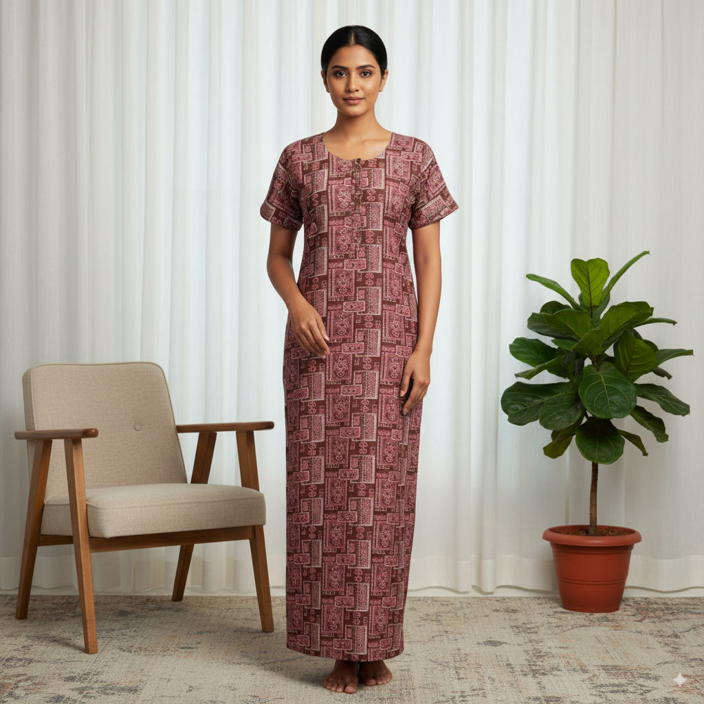 Maroon Geometric Printed Cotton Nighty