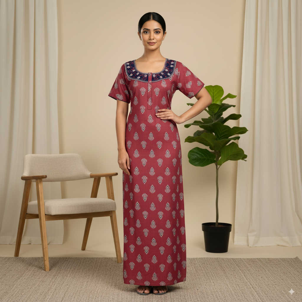 Maroon Printed Cotton Nighty with Embroidered Neckline