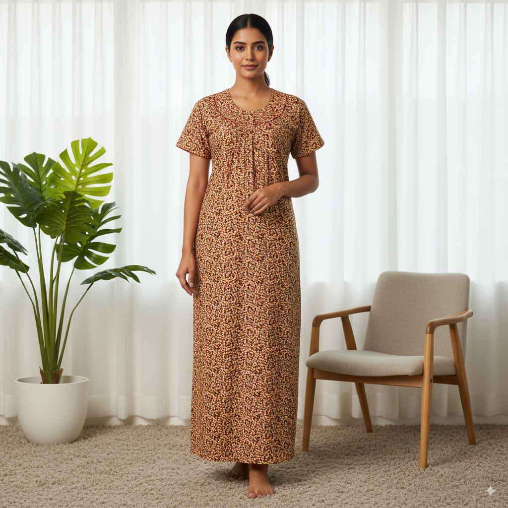 Elegant Satin Printed Nighty – Brown & Mustard Floral