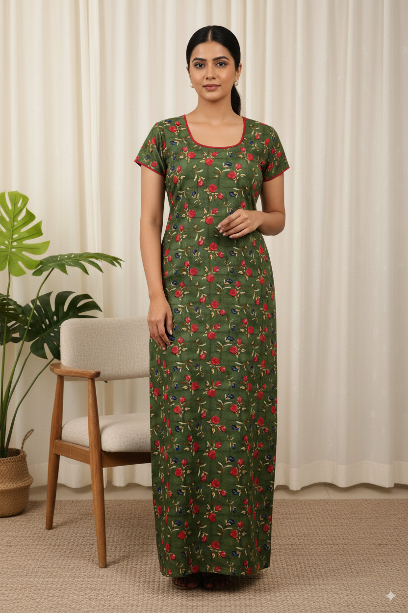 Dark Green Floral Cotton Nighty with Red Rose Print