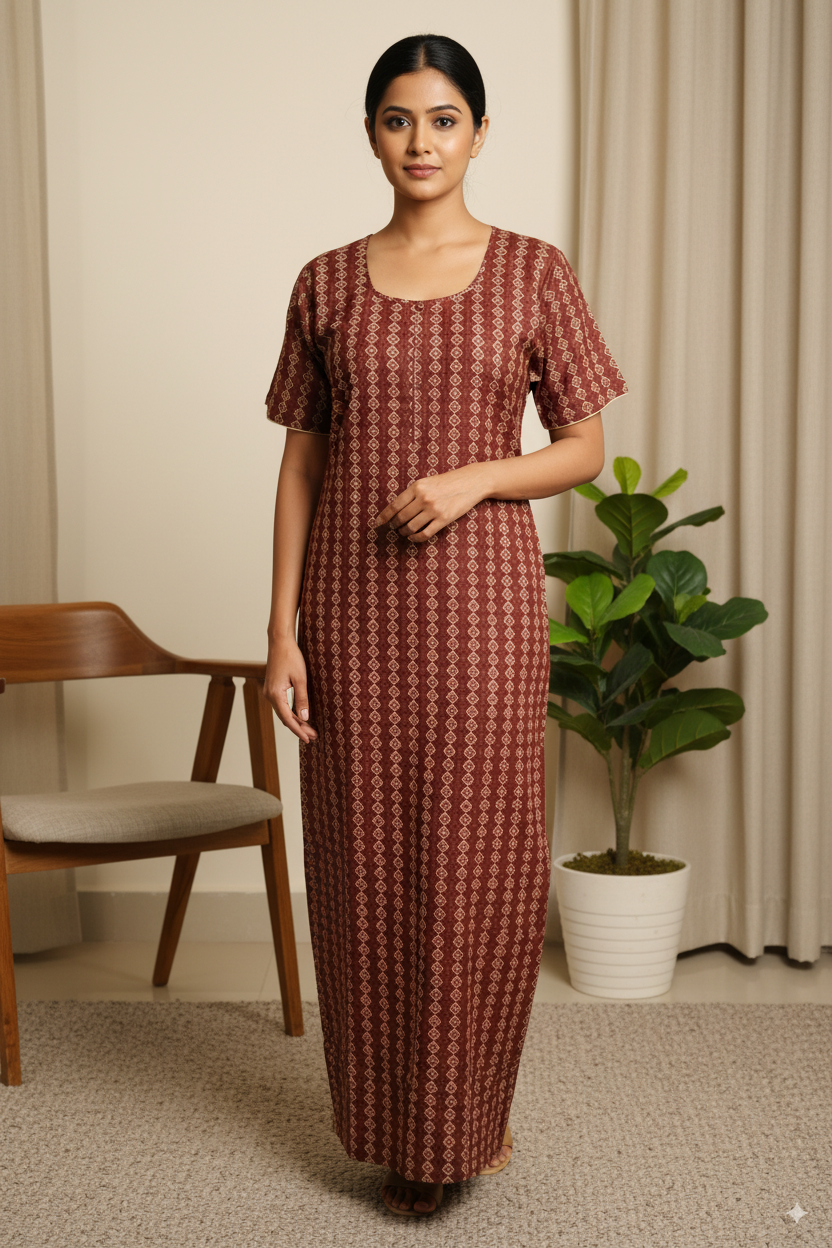 Maroon Geometric Print Cotton Nighty
