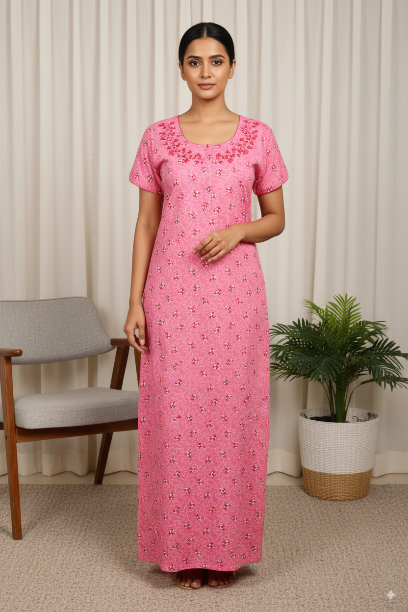 Pink Floral Printed Cotton Nighty with Neck Embroidery