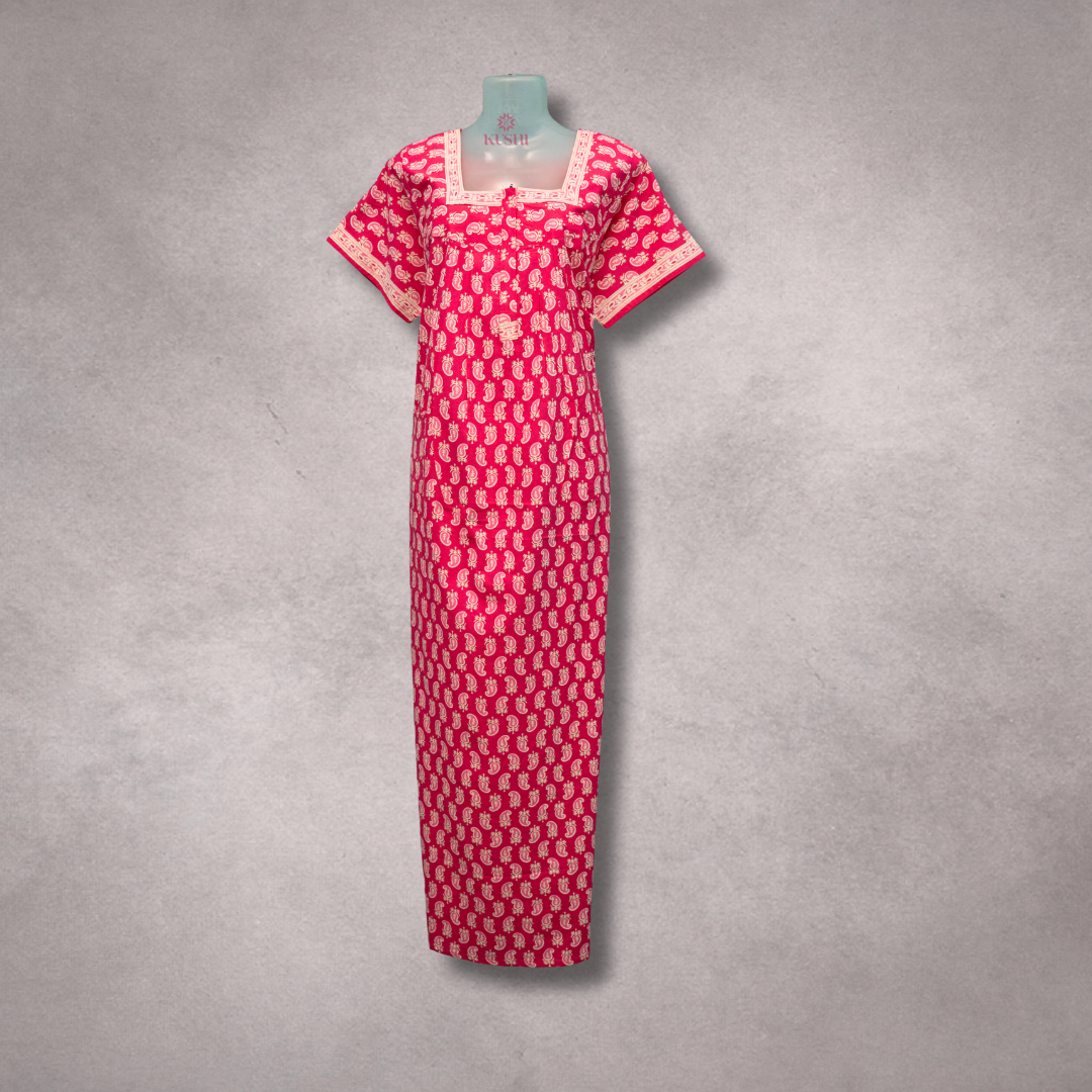 Elegant Jaipur Cotton Nighty – Pink with White Paisley Print