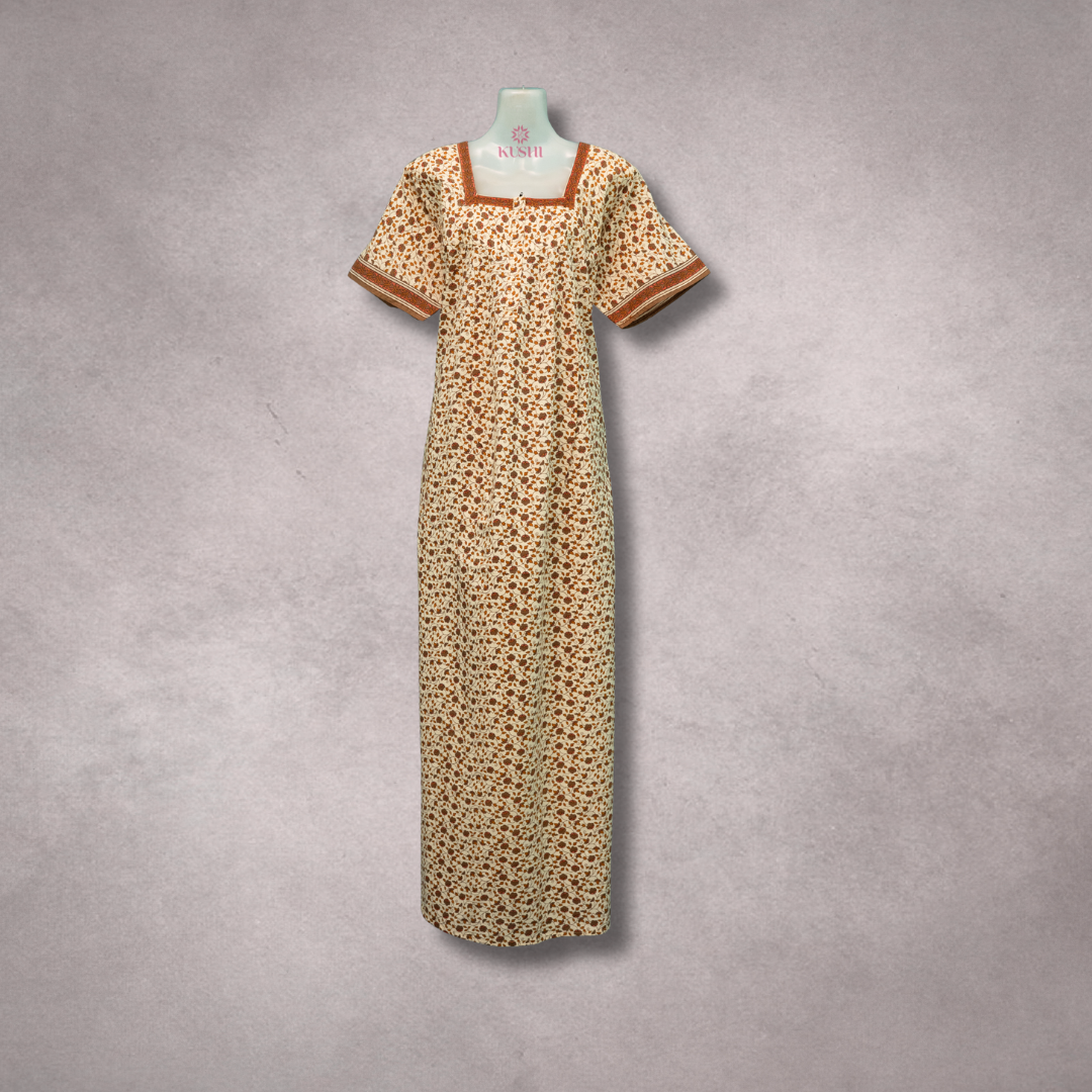 Jaipur Cotton Printed Nighty – Beige & Brown Floral