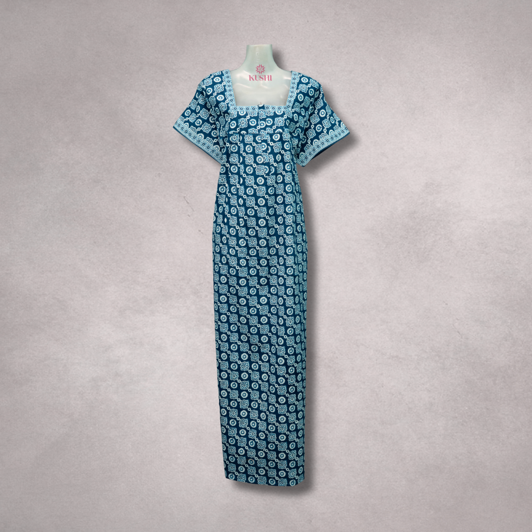 Jaipur Cotton Printed Nighty – Blue & White