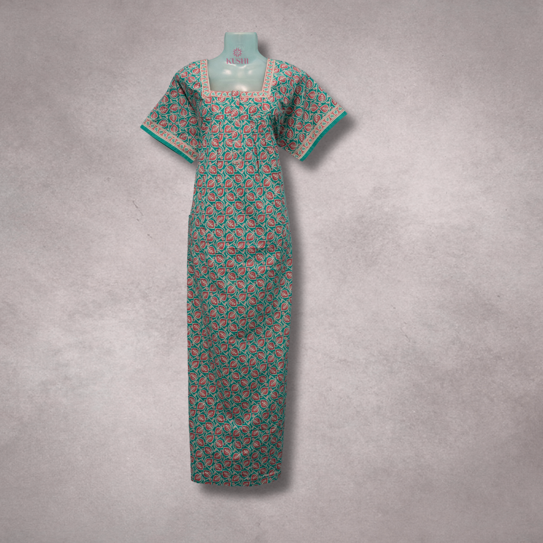 Jaipur Cotton Printed Nighty – Green with Red Floral Design
