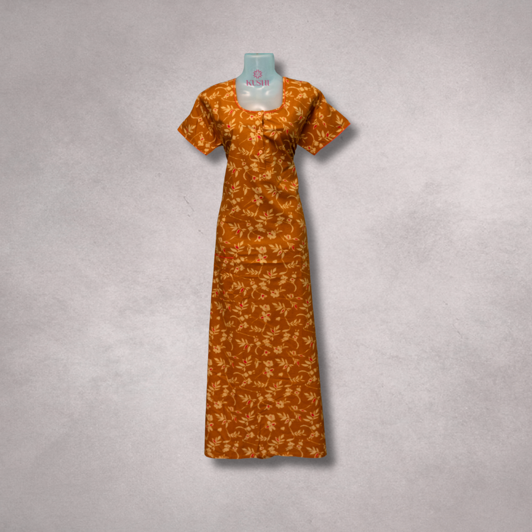Premium Floral Printed Women’s Nighty – Mustard Brown