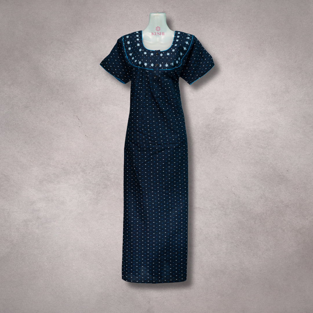 Women’s Navy Polka Nighty with Embroidered Yoke & Short Sleeves