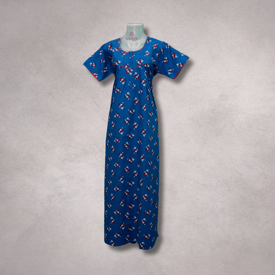 Royal Blue Floral Printed Nighty with Red Piping