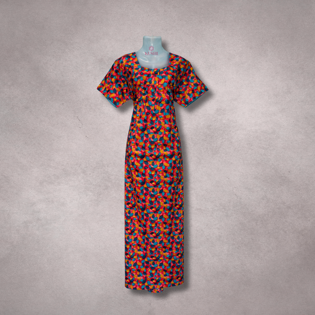 Multicolour Geometric Leaf Print Nighty with Scoop Neck