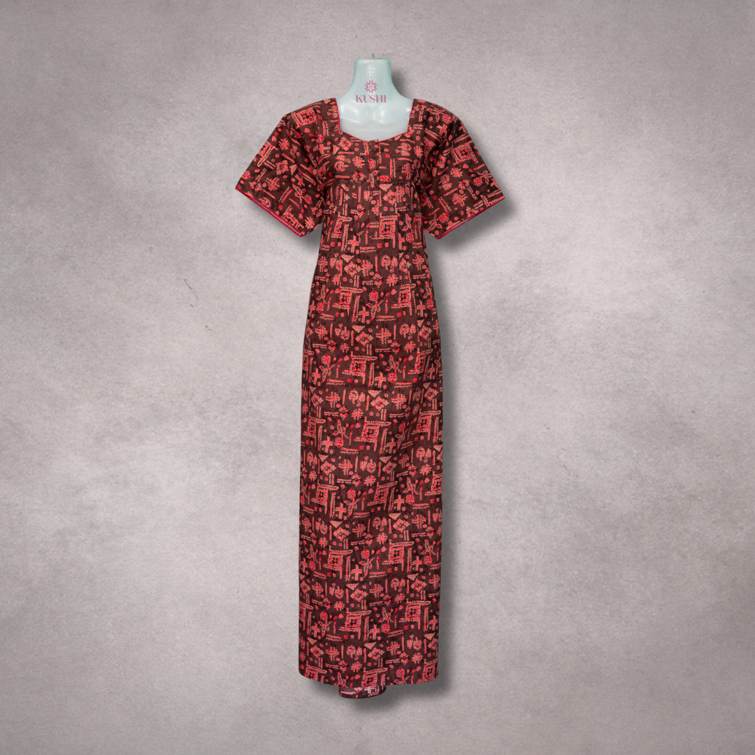 Black and Red Abstract Printed Nighty with Square Neck