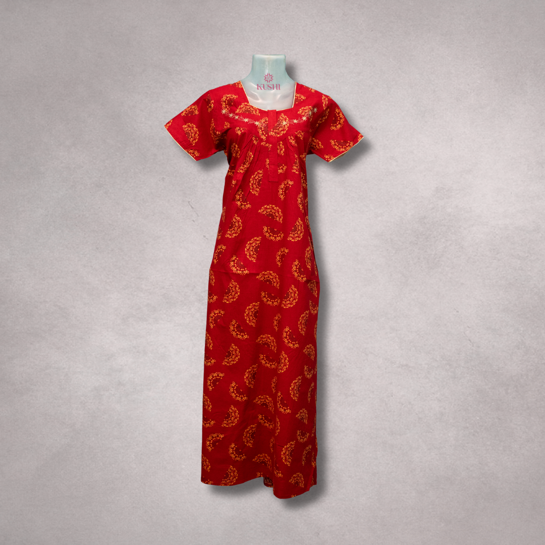 Premium Cotton Nighty – Red Paisley, Notch Neck, Short Sleeve