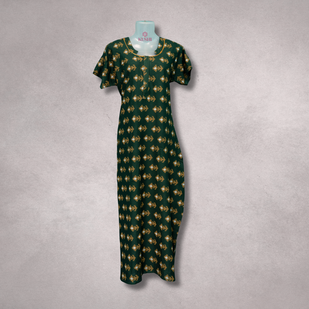 Rayon Nighty – Deep Green with Mustard Ikat-Inspired Print