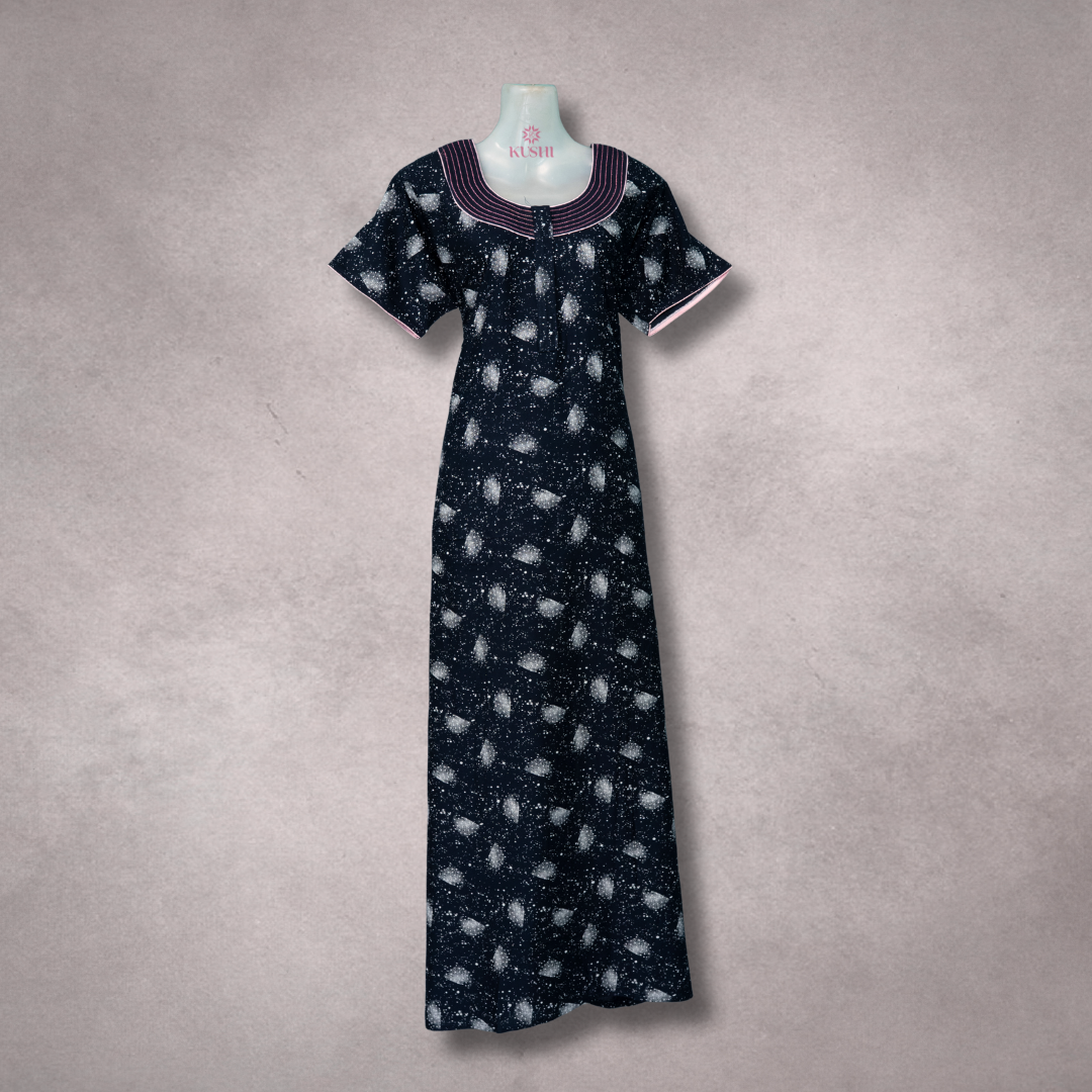 Stylish Rayon Heavy Nighty – Black with White Floral Print