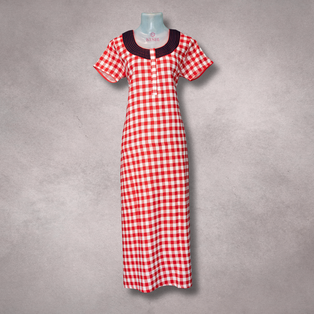 Rayon Heavy Nighty – Red & White Checkered with Navy Neckline