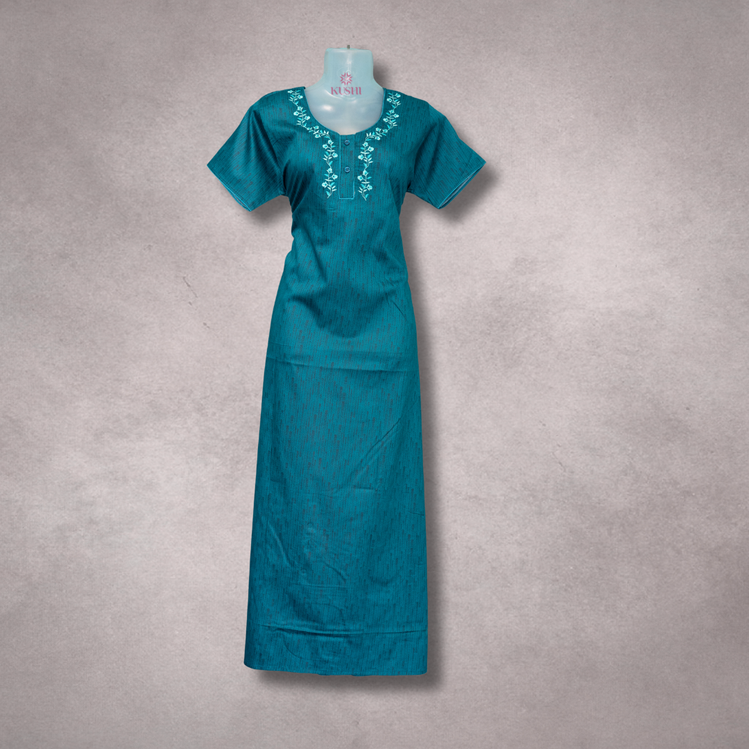Teal Blue Cotton Nighty with Elegant Floral Neck Embroidery