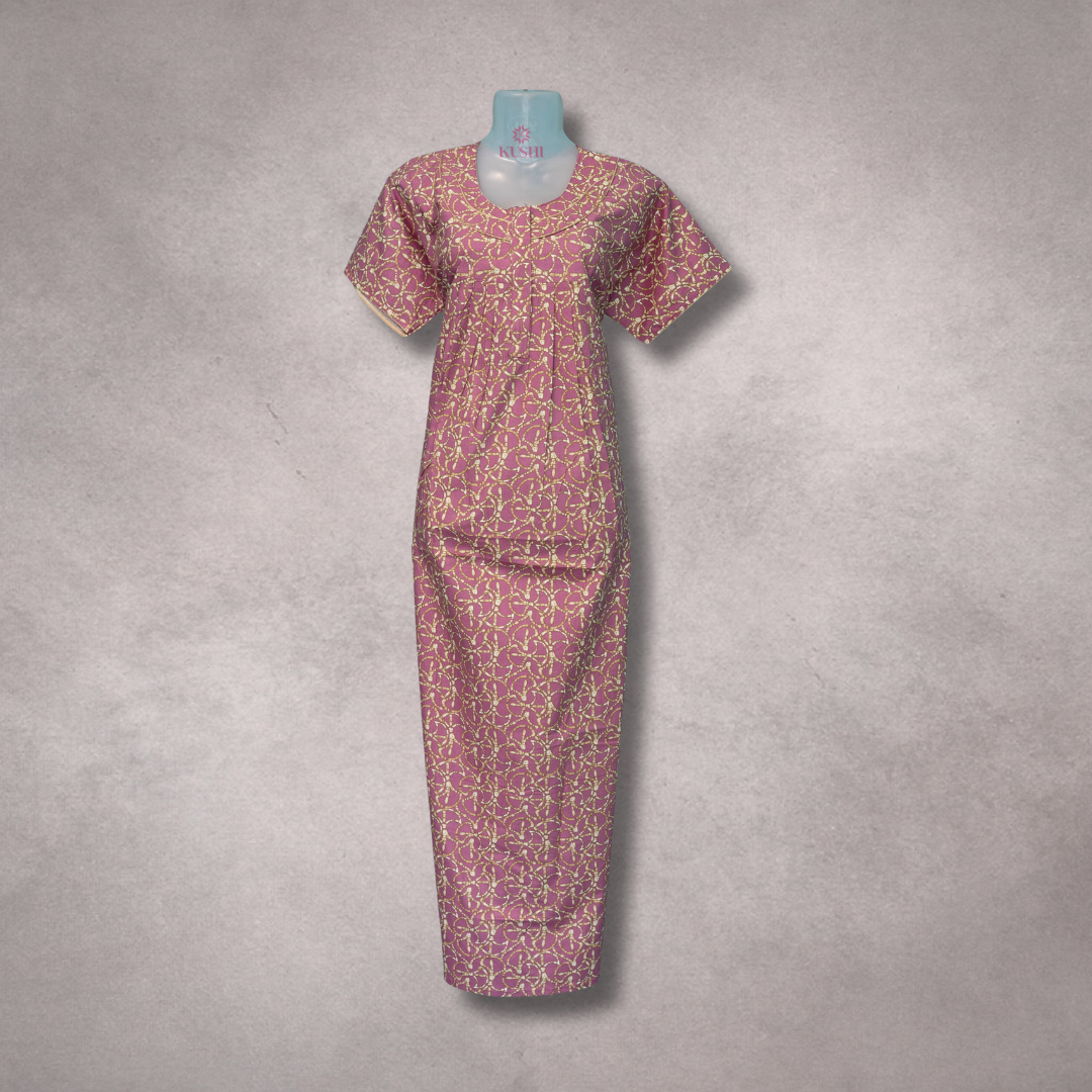Elegant Satin Finish Printed Nighty in Pink & Gold