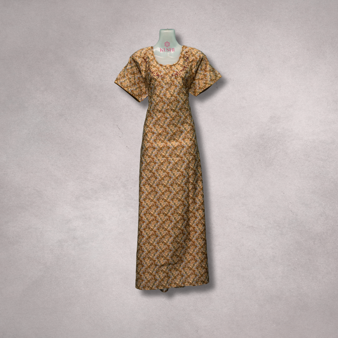 Golden Brown Printed Cotton Nighty with Embroidered Neck