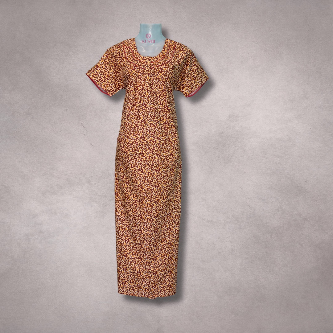 Elegant Satin Printed Nighty – Brown & Mustard Floral