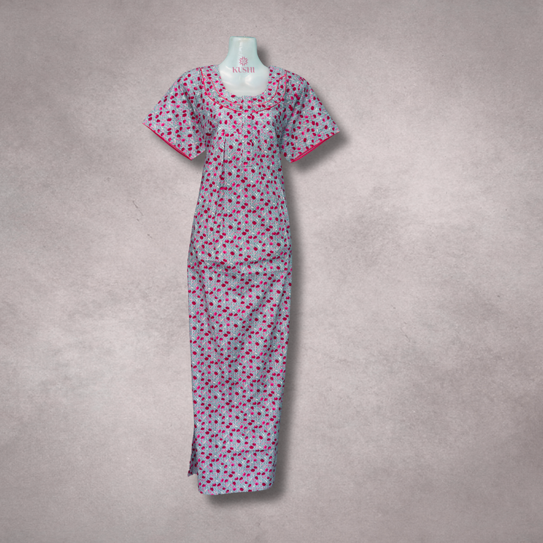 Satin Floral Nighty – Sky Blue with Pink Accents