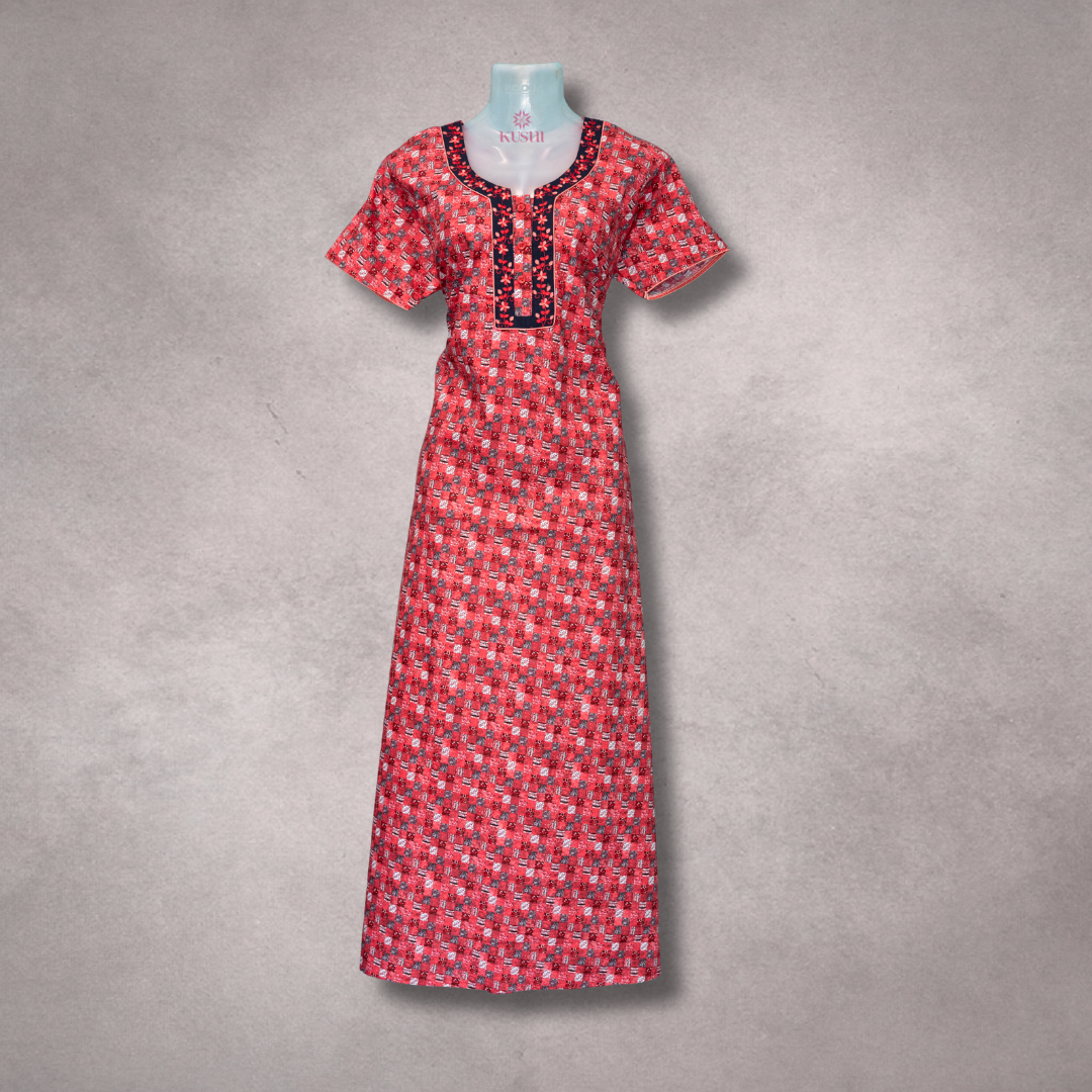 Red Printed Cotton Nighty with Contrast Black Embroidered Neck