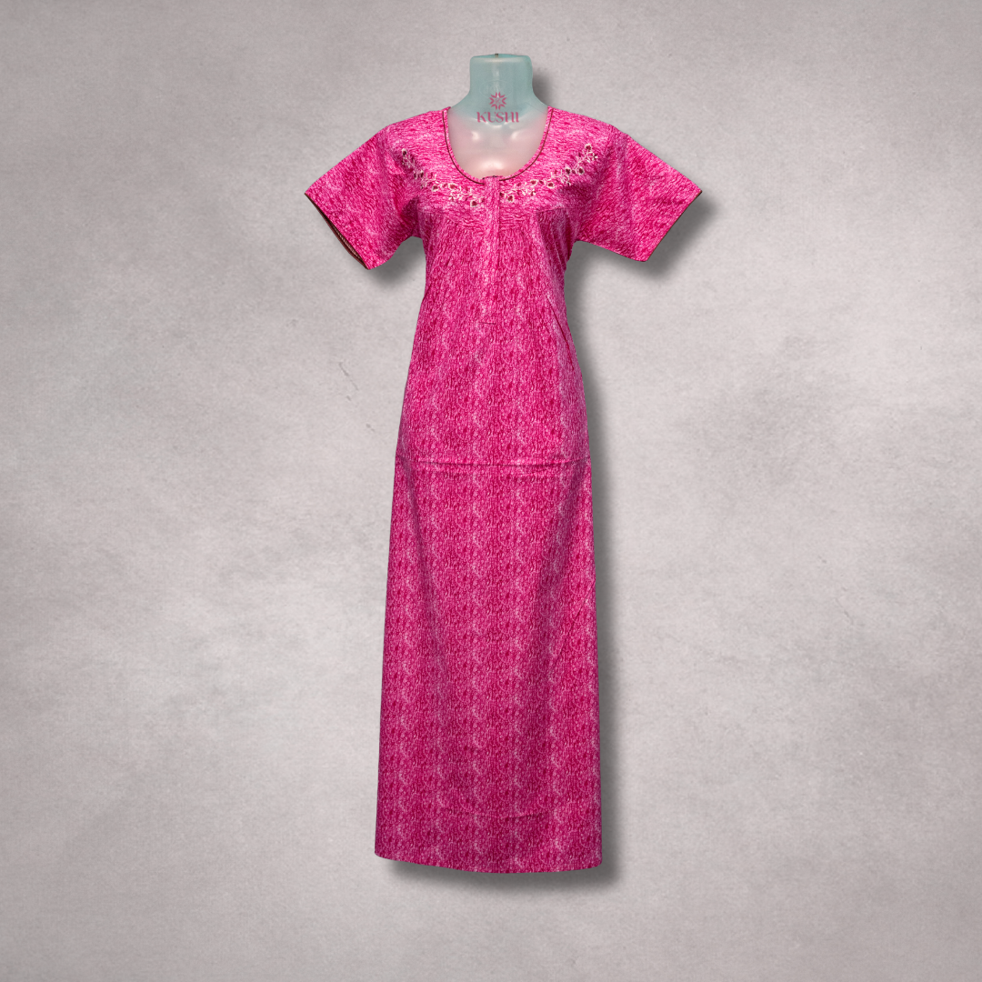 Fuchsia Pink Textured Nighty with Embroidered Scoop Neck