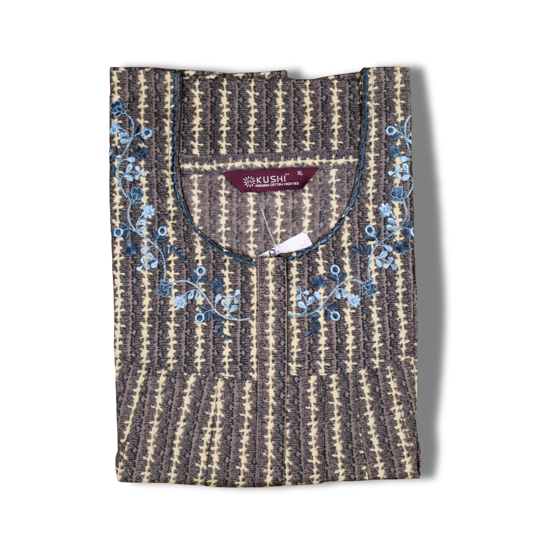 Rust Orange Striped Nighty with Embroidered Neckline