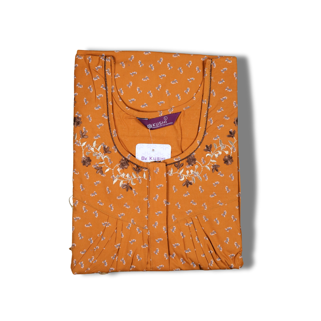 Magenta Pink Printed Nighty with Embroidered Neckline