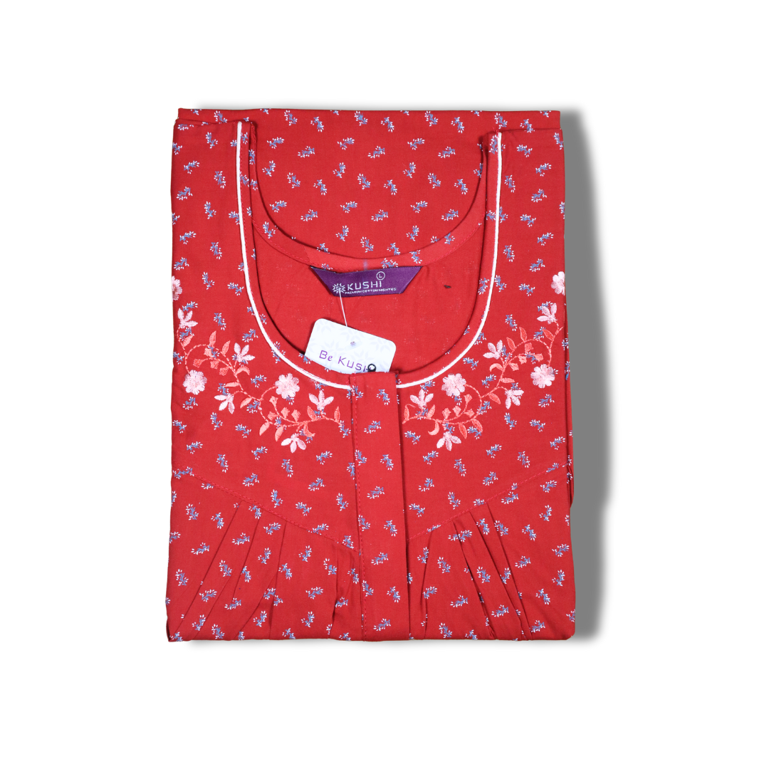 Magenta Pink Printed Nighty with Embroidered Neckline