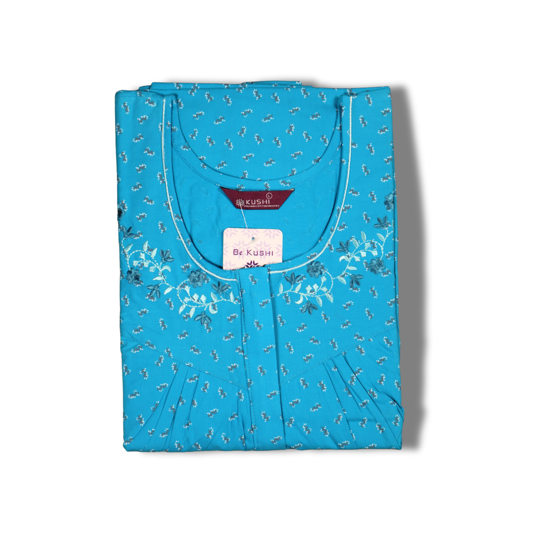 Magenta Pink Printed Nighty with Embroidered Neckline