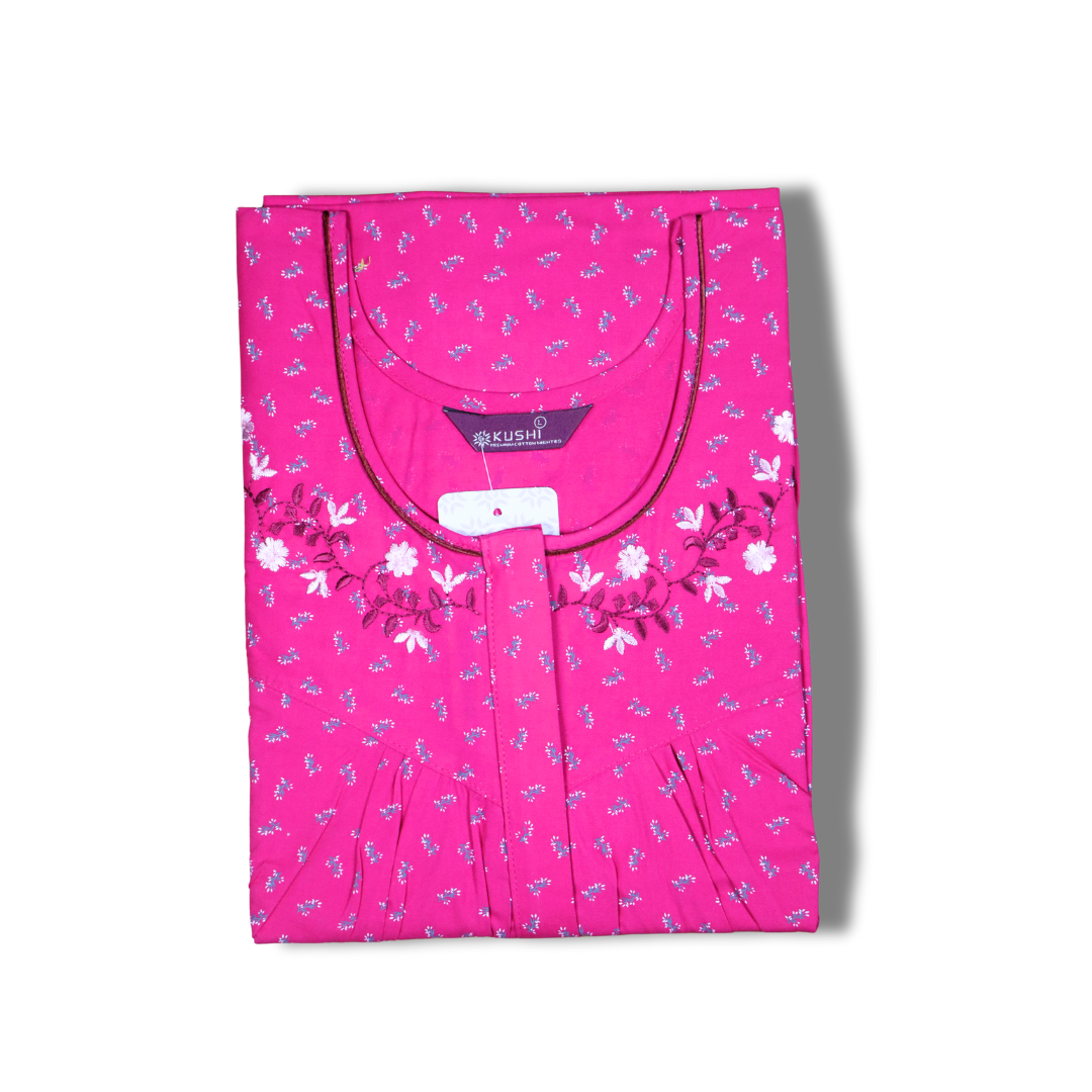 Magenta Pink Printed Nighty with Embroidered Neckline