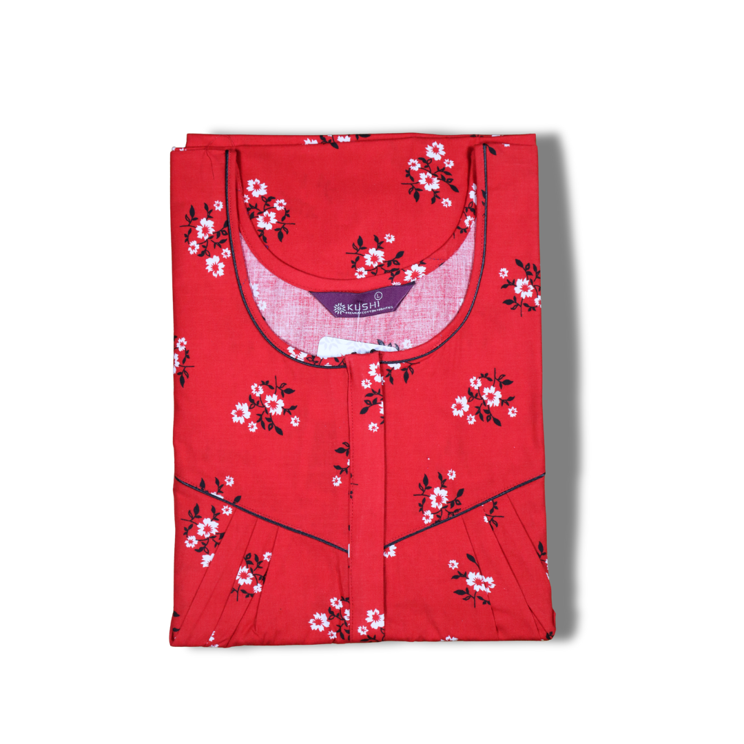 Royal Blue Floral Printed Nighty with Red Piping