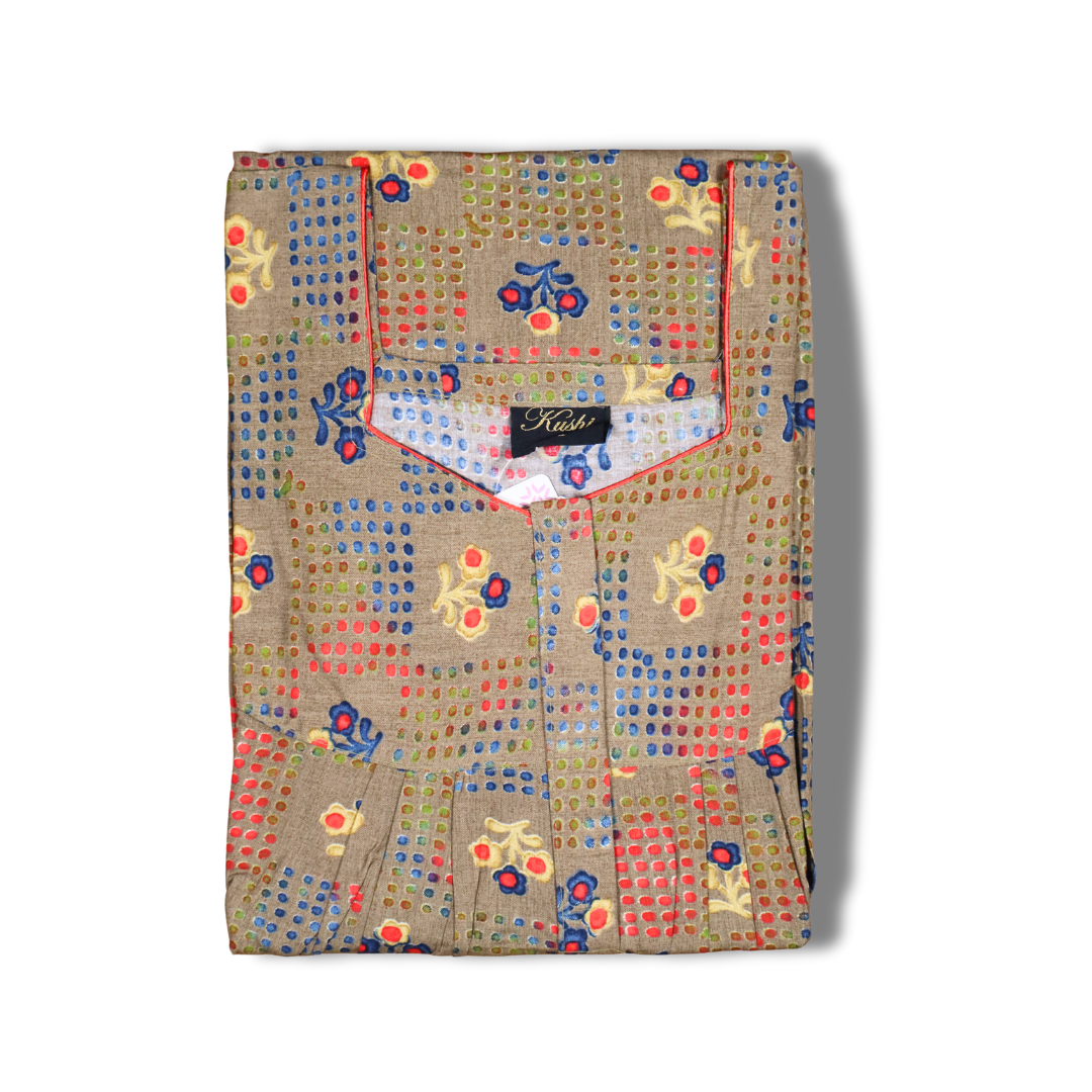 Olive Green Floral Printed Cotton Nighty