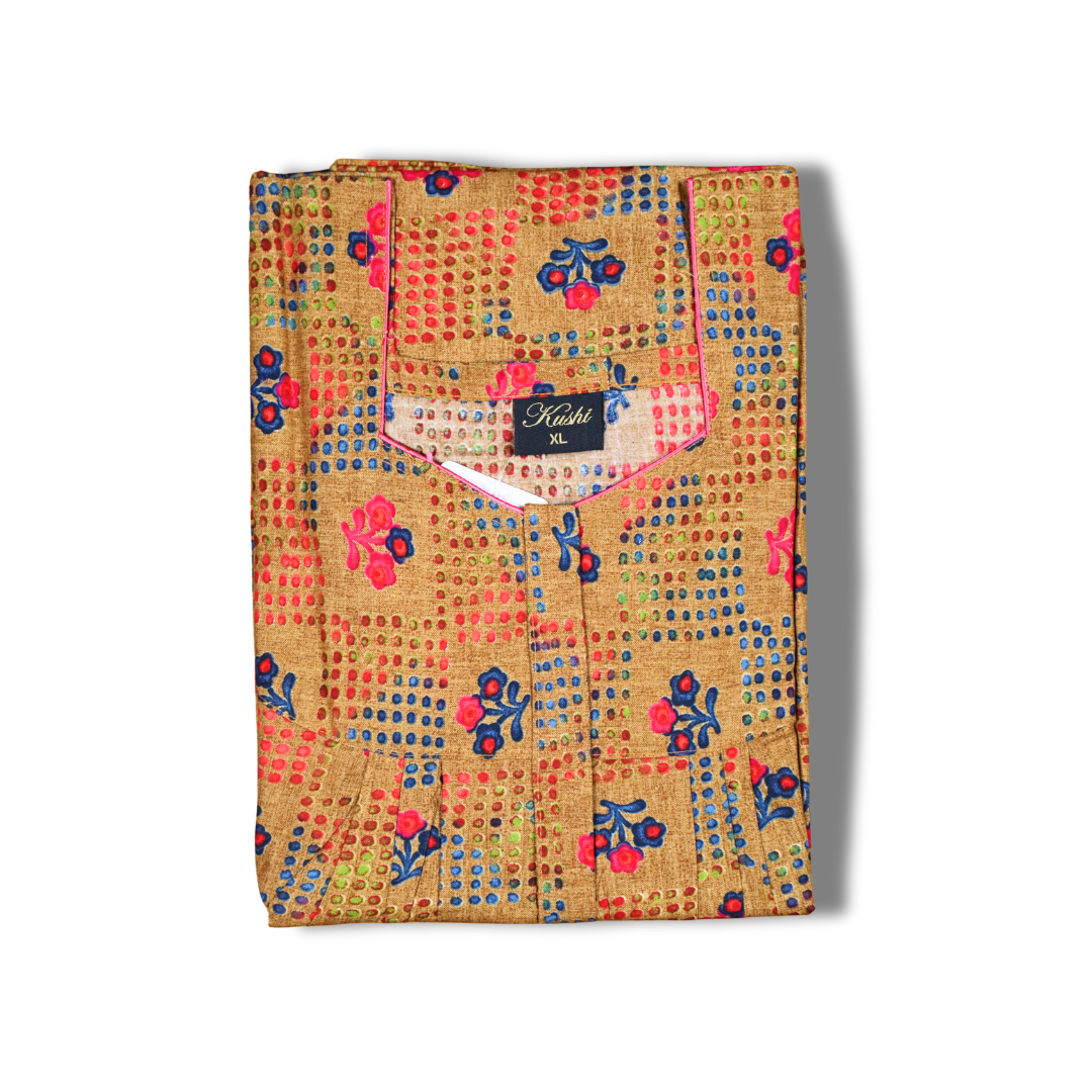 Olive Green Floral Printed Cotton Nighty