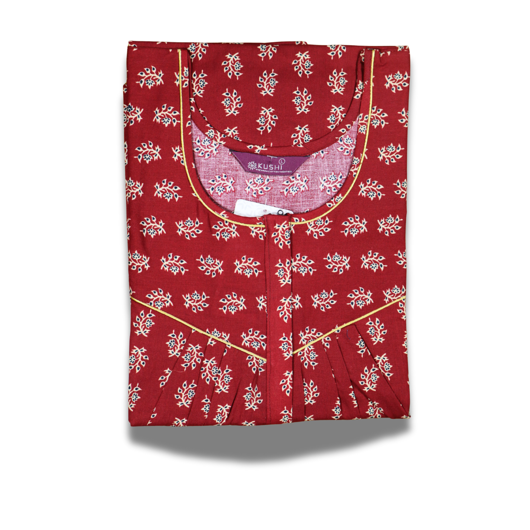Dark Green Floral Printed Cotton Nighty