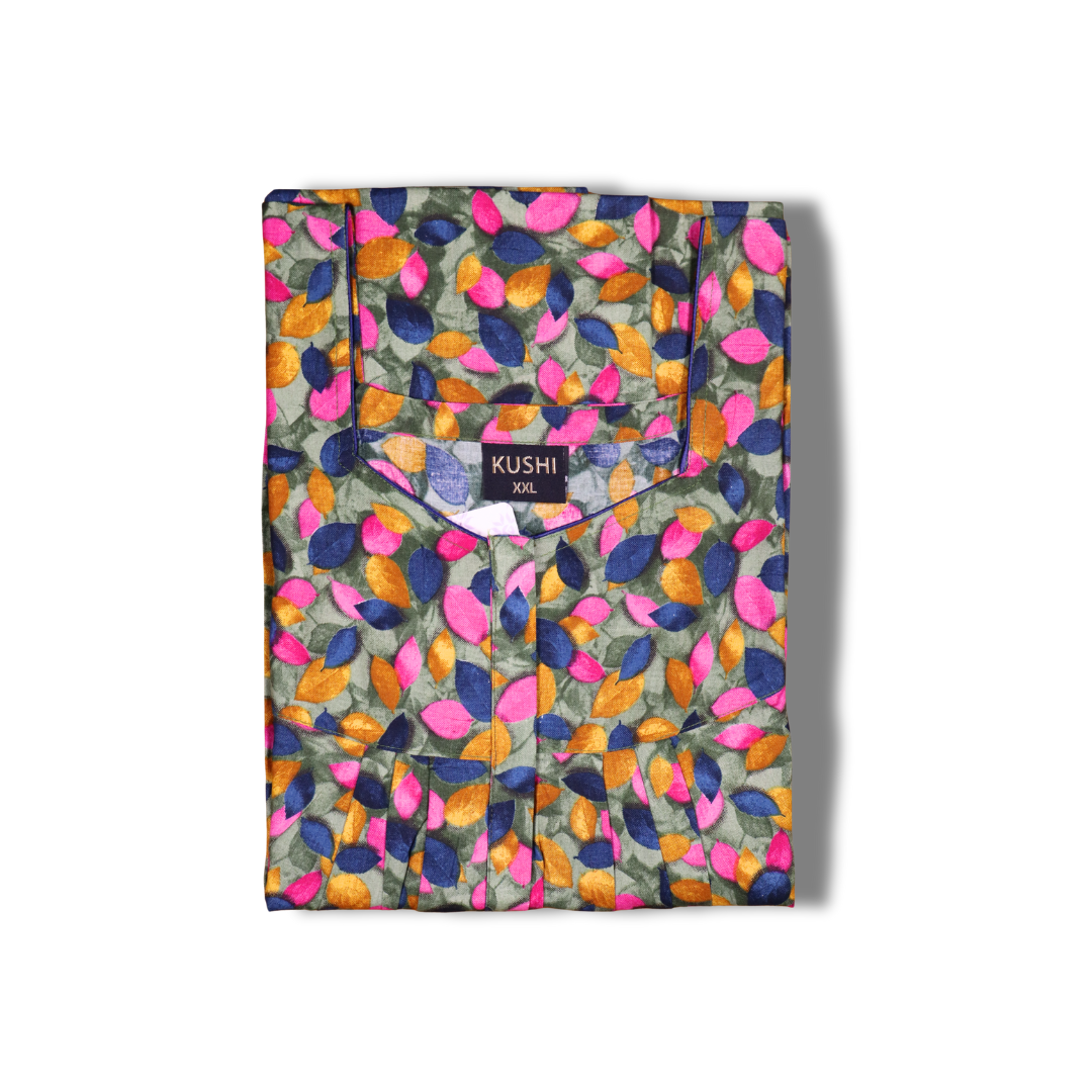 Multicolour Geometric Leaf Print Nighty with Scoop Neck