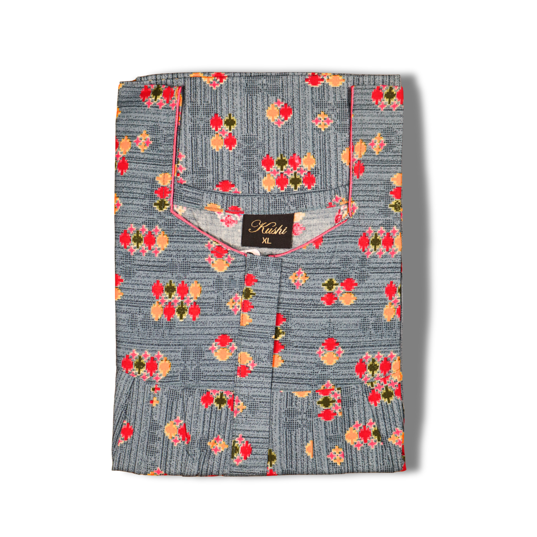 Premium Cotton Printed Nighty – Beige with Red-Yellow Floral Design