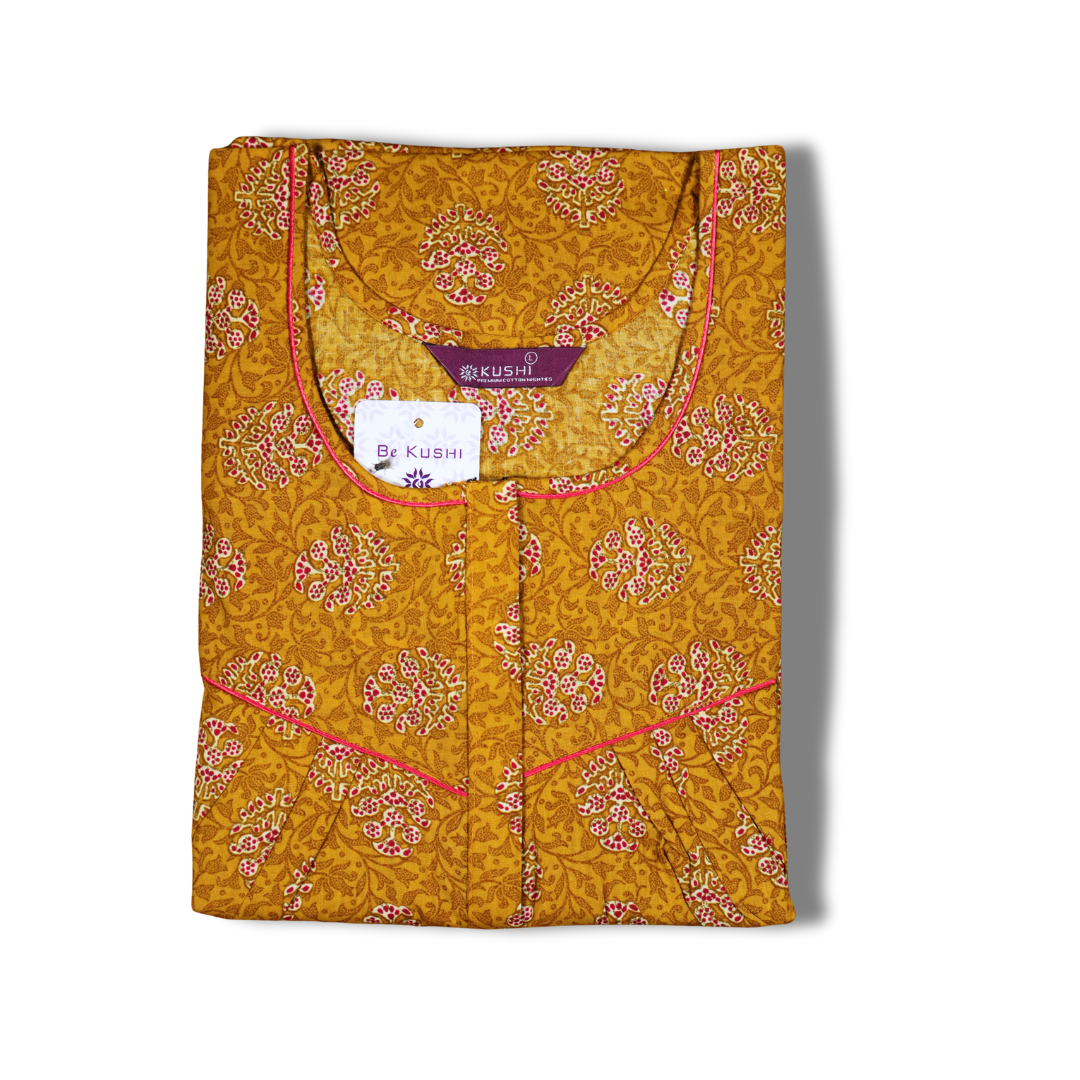 Premium Cotton Nighty – Burnt Orange with Floral Print