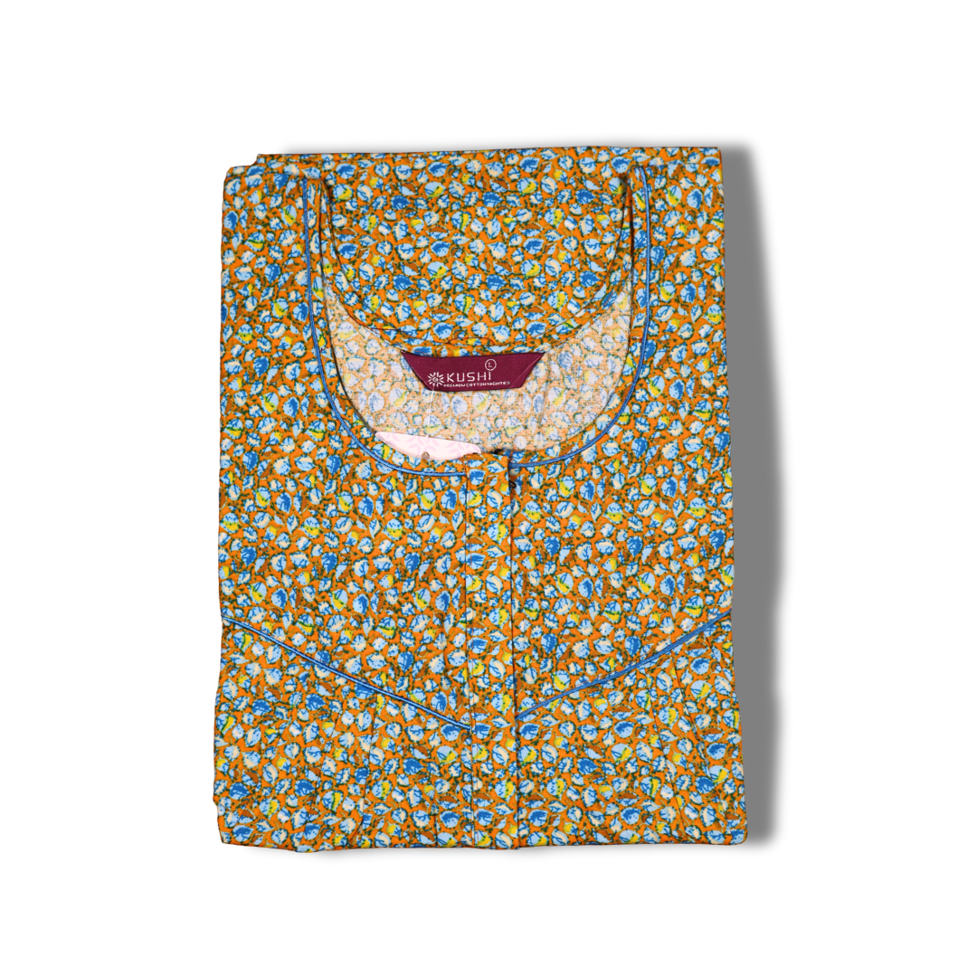 Elegant Green Floral Printed Nighty with Yellow Piping