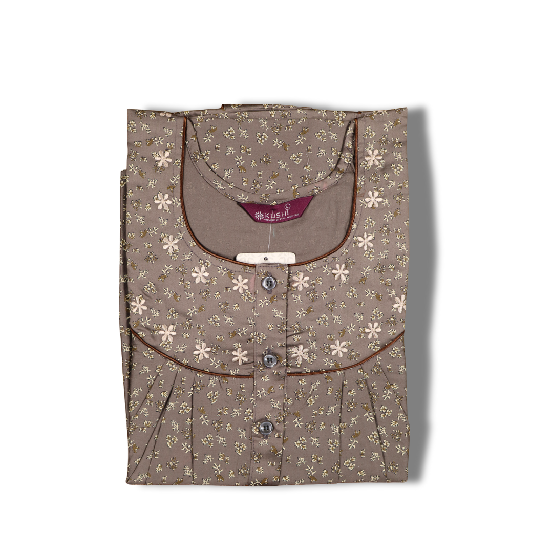Teal Green Printed Cotton Nighty with Yoke Design