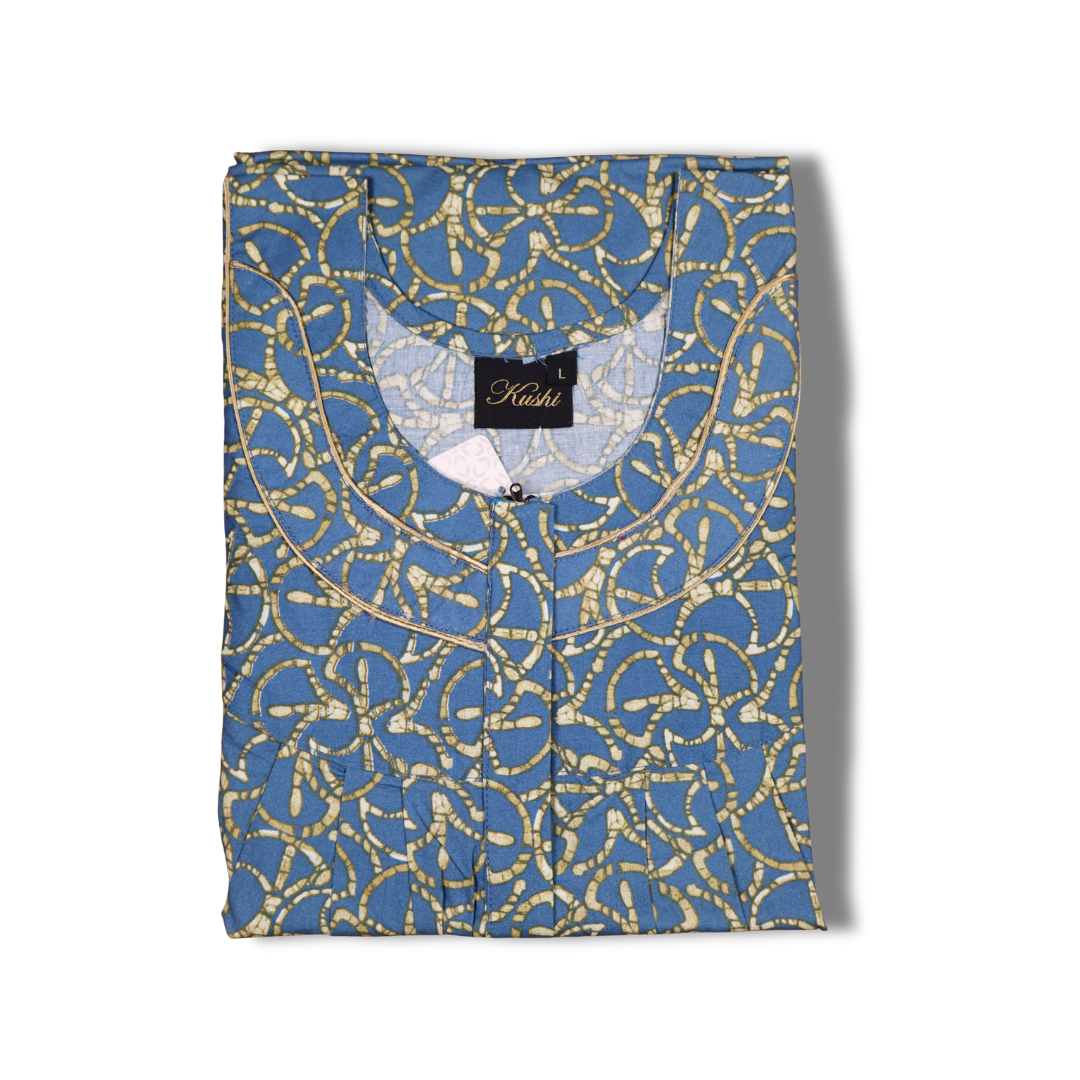 Elegant Satin Finish Printed Nighty in Pink & Gold